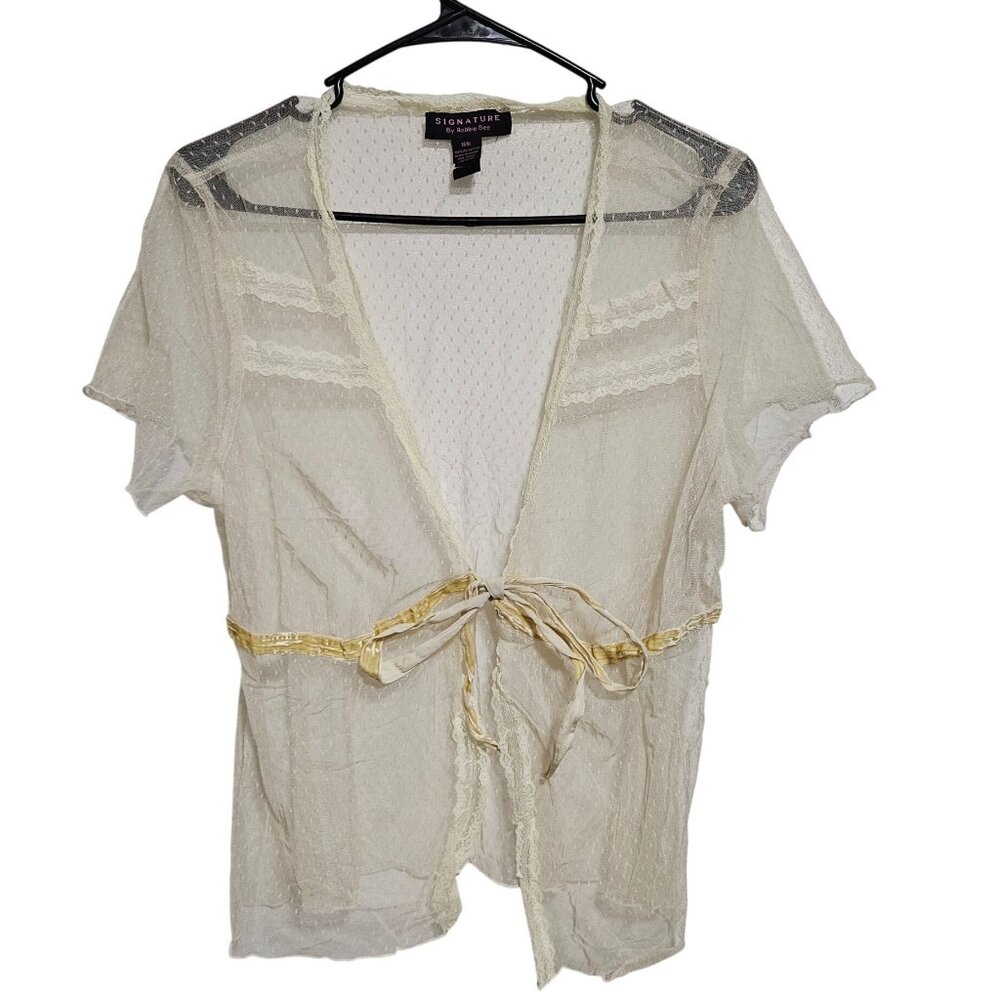Signature by Robbie Bee Cream Sheer Lace Top Size 16W Lace Up Short Sleeve Women